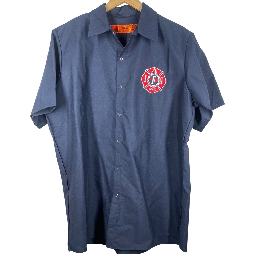 Red Kap Mens Navy Blue IAFF NC Firefighter Work Shirt Short Sleeve Snap Front L